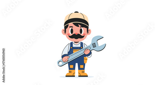A friendly cartoon plumber wearing overalls and a cap holding a large wrench.