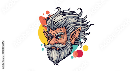 A wise old elf with a long beard and curly hair in front of colorful abstract shapes.