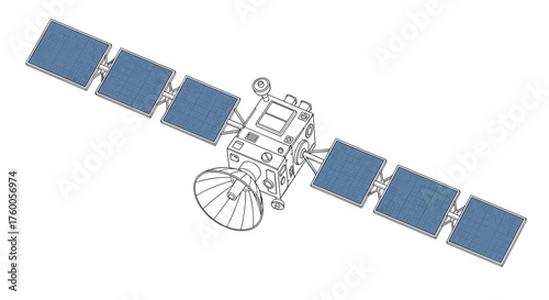 A detailed illustration of a complex satellite with large solar panels extended outwards.