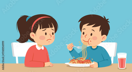 A boy happily eats spaghetti while a sad girl watches him at the table.