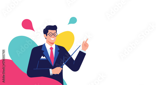 A smiling businessman in a suit points with a stick during a presentation.