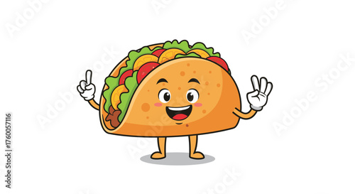 A cheerful cartoon taco character giving a peace sign with both hands.
