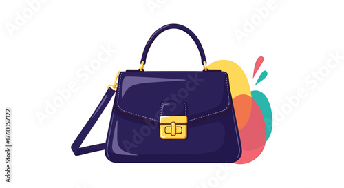 A stylish dark blue purse with a golden clasp rests on a white background with colorful abstract shapes.