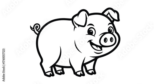 A cute cartoon pig standing with a happy smile and curled tail.