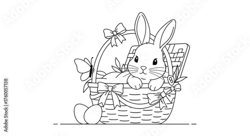 A cute bunny peeks out from a decorative easter basket filled with gifts and eggs.