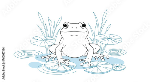 A cheerful frog sits on lily pads surrounded by aquatic plants in a pond.