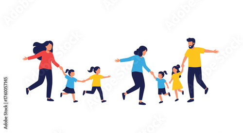 Happy families with young children running and holding hands together.