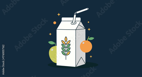 A carton of juice with a straw and fruits surrounded by sparkles.