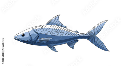 A detailed pixel art illustration of a silvery fish swimming in clear blue water.