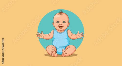 Happy baby sitting and smiling with open arms in a light blue onesie.