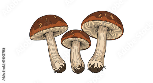 A delightful illustration of three brown cap mushrooms on white background with delicate gills.
