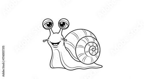 A happy cartoon snail with big eyes and a swirling shell smiles.