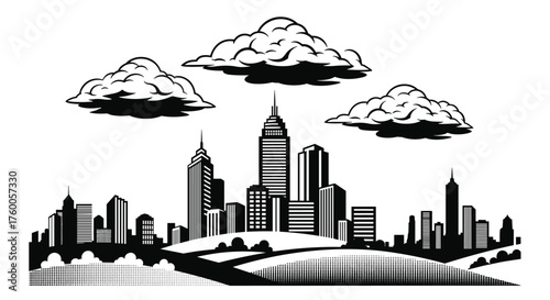 A modern city skyline under a cloudy sky.