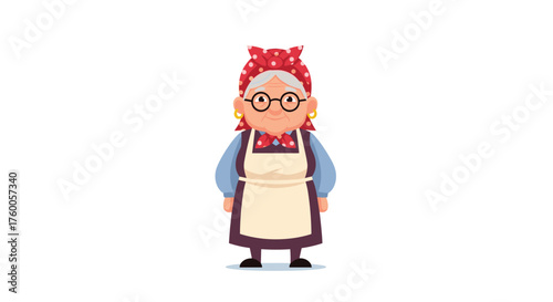 An elderly woman wearing a headscarf and apron stands with her hands clasped in front of her.