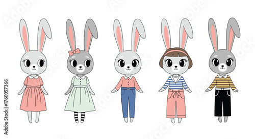 Cute anthropomorphic bunnies dressed in stylish spring outfits standing side by side.