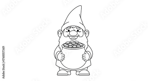 A charming gnome proudly displays his pot filled with a bounty of glittering coins.