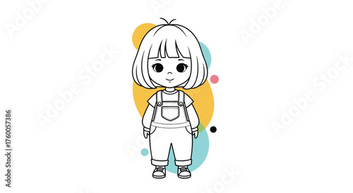 A charming cartoon illustration of a young girl in overalls wearing sneakers.