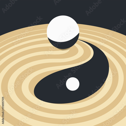 Zen Garden with Yin Yang Symbol and Sphere Keywords: zen, garden, yin yang, symbol, sphere, ball