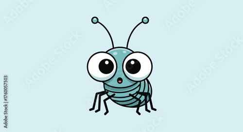 A cute blue cartoon bug with big eyes and antennae on a light blue background.