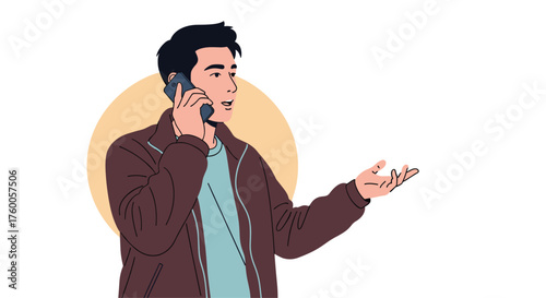 A man in a jacket talking on a smartphone while gesturing with his free hand.  