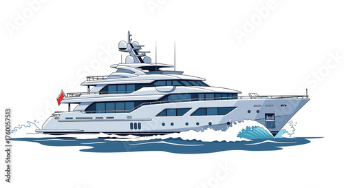 Luxury superyacht cruising through ocean waves on a sunny day.