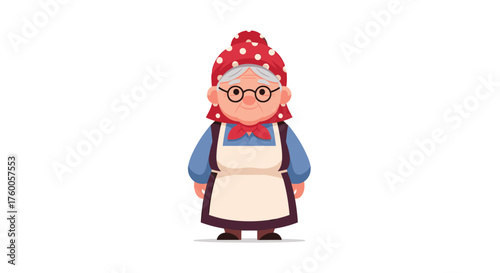 Charming elderly woman wearing a polka dot headscarf and apron smiling gently.