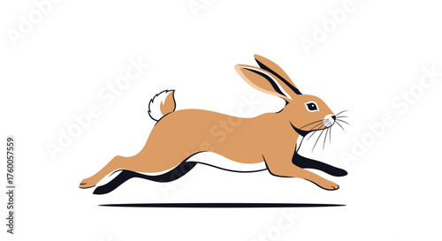 A swift brown rabbit leaps across a white background with its legs extended and ears perked up.