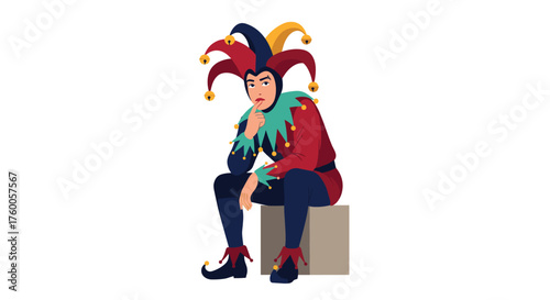 A jester sits pensively contemplating the nature of amusement and societal roles. .