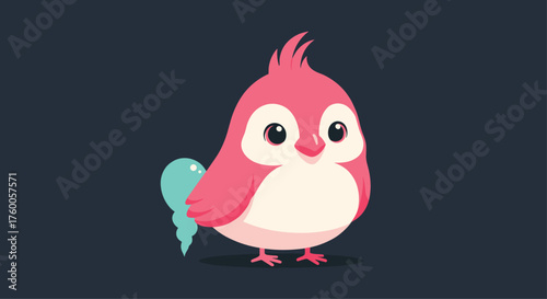A cute cartoon pink bird with a light blue tail stands facing the viewer.