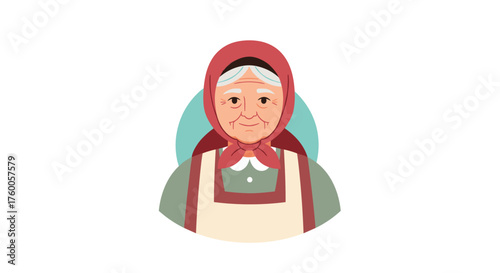 An elderly woman with a kind face wearing a headscarf and apron.