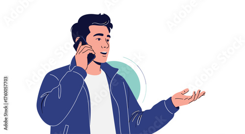 Illustration of a man talking on a mobile phone with a circular design behind him.