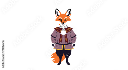 A dapper anthropomorphic fox wearing a purple historical outfit stands with hands in pockets.