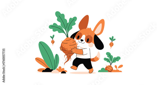 A happy dog with a giant carrot in a garden.