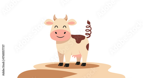 Happy cartoon cow standing in a muddy puddle on a white background.