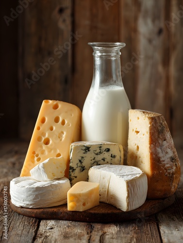 Glass bottle of milk sits on a wooden table next to a variety of cheeses. The cheeses include a wedge of cheese, a slice of cheese, and a block of cheese. Concept of abundance and indulgence