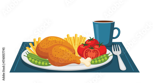 A delicious plate of fried chicken with french fries and fresh vegetables.