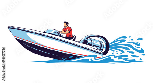 A person driving a fast speed boat through the water creating a wake.