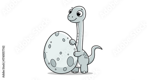 A sweet little cartoon dinosaur gently embraces a large speckled egg.