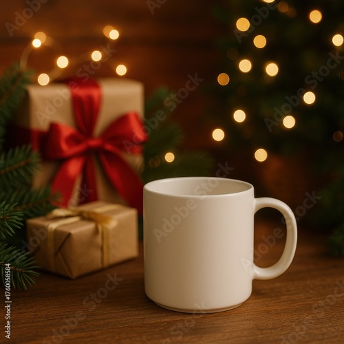 Mockup of a cup in a New Year's and Christmas atmosphere surrounded by gifts and garlands.