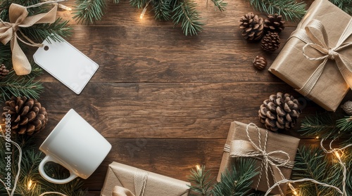 Christmas and New Year background with circles, ribbons, tags, gifts, pine needles and garlands with an empty space in the center for an inscription.