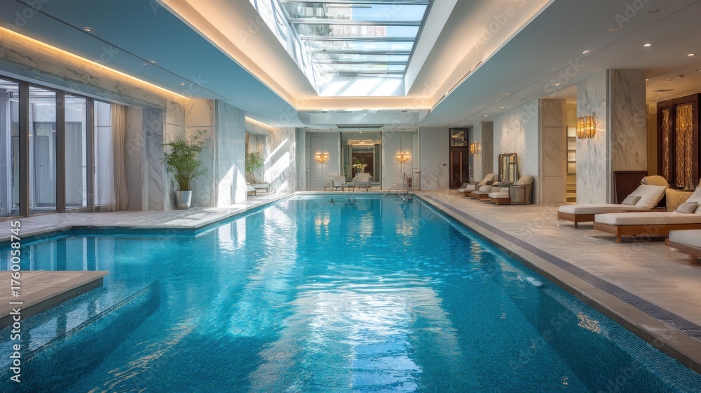 Obraz premium A large, clean pool with a clear blue water. The pool is surrounded by white chairs and a potted plant. Scene is calm and relaxing