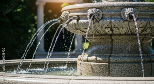 Elegant stone fountain in sunlit garden with flowing water and ornamental design