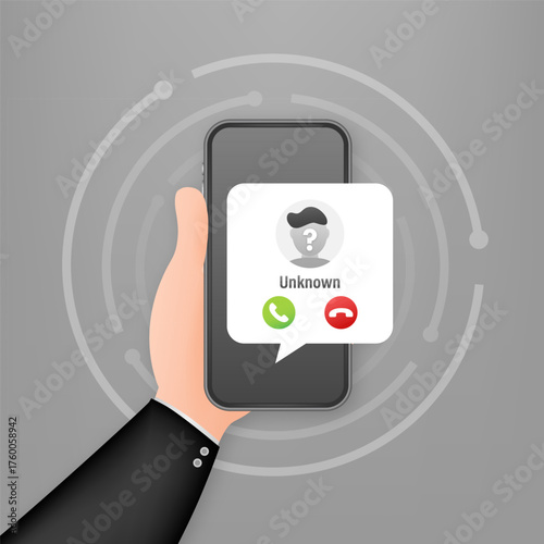 Hand holding smartphone showing unknown incoming call