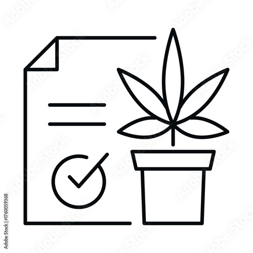 Cannabis prescription icon featuring a cannabis plant and a verified document in a vector design for health and wellness