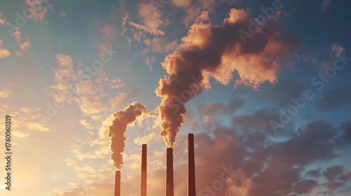 Industrial pollution smoke from chimneys against sunset sky environmental impact climate change concern