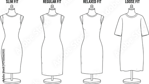 Dress fit comparison technical flat sketch front view, slim, regular, relaxed, loose silhouette, fashion design template, vector garment illustration