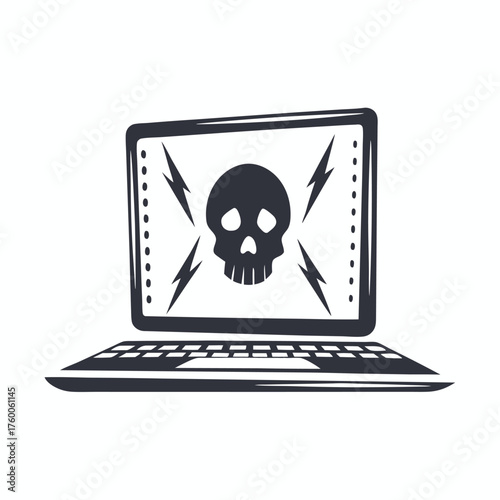 Simplified black laptop displays a sinister skull on its screen prominently displayed