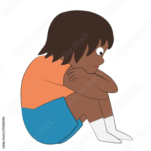 A sad African boy sits alone with his arms crossed and looks down on a white background. Character. Cartoon vector illustration for children's book, print.
