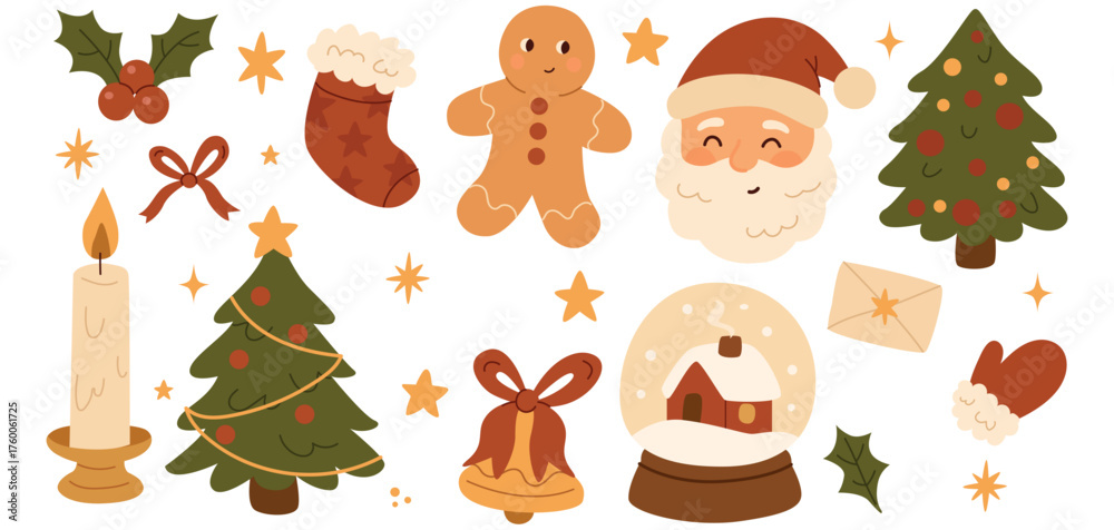 Naklejka premium Cute Christmas vector set with Santa Claus, gingerbread man, Christmas tree, candle, stocking, bell, holly, and snow globe. Cozy hand-drawn holiday clipart in warm festive colors, perfect for cards, i