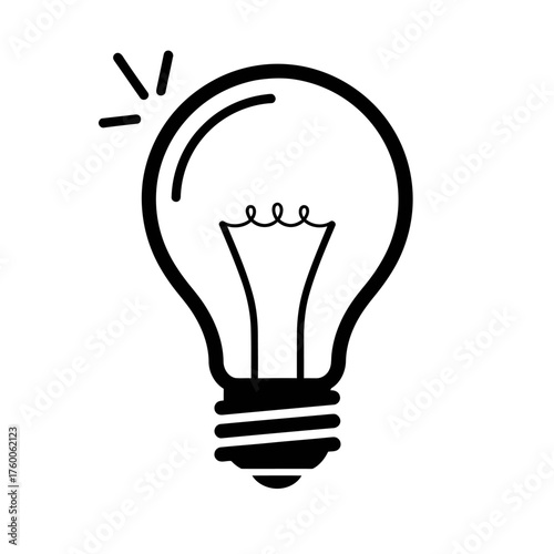 Hand-drawn light bulb icon shining brightly, symbolizing a creative idea, innovation, and inspiration. A simple black and white doodle sketch of a new concept